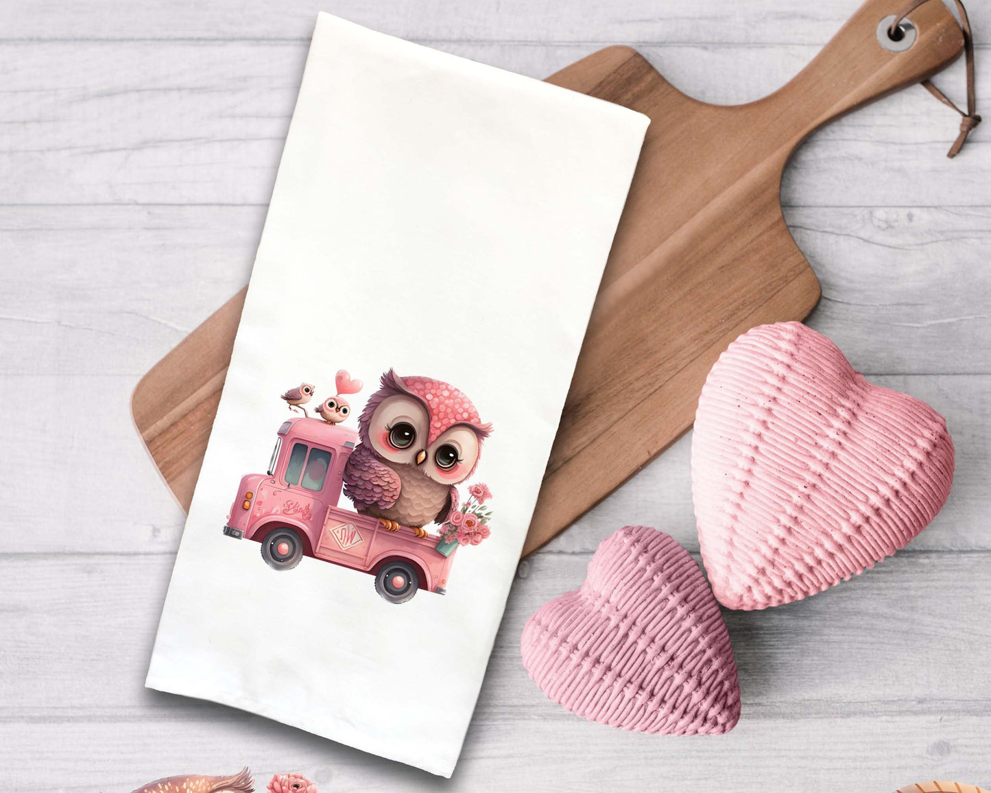 Set of 4 Chibi Owl Valentine Tea Towels Cute Pink Truck Heart Balloon Basket Hand Flour Sack Dish Towel Valentine's Day Birthday Mothers Day