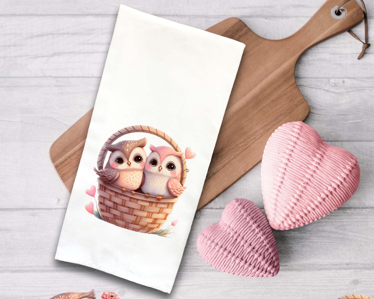 Set of 4 Chibi Owl Valentine Tea Towels Cute Pink Truck Heart Balloon Basket Hand Flour Sack Dish Towel Valentine's Day Birthday Mothers Day