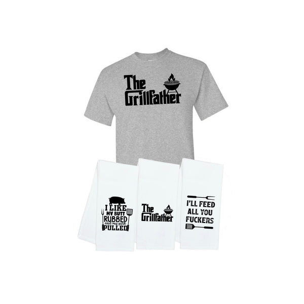 The Grillfather Shirt and Grilling Towel Gift Set - T-shirt and 3 Towels - Funny Cool Father's Day Gift for Men Who Love to Grill BBQ Cook