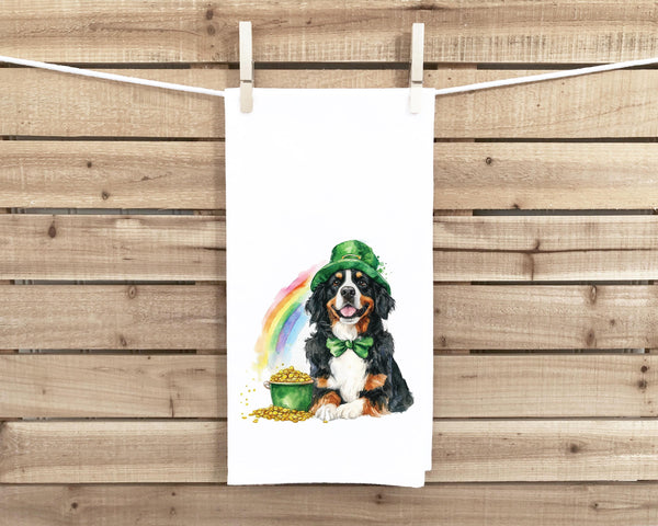 Bernese Mountain Dog St. Patricks's Day 100% Cotton Flour Sack Tea Towel with Hanging Loop - Saint Patty's Kitchen Decor