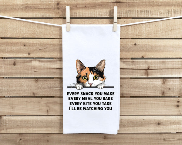 Calico Cat Every Snack You Make Flour Sack Kitchen Towel Funny Peeking Kitty Dish Cloth Housewarming Hostess Birthday Christmas Gift