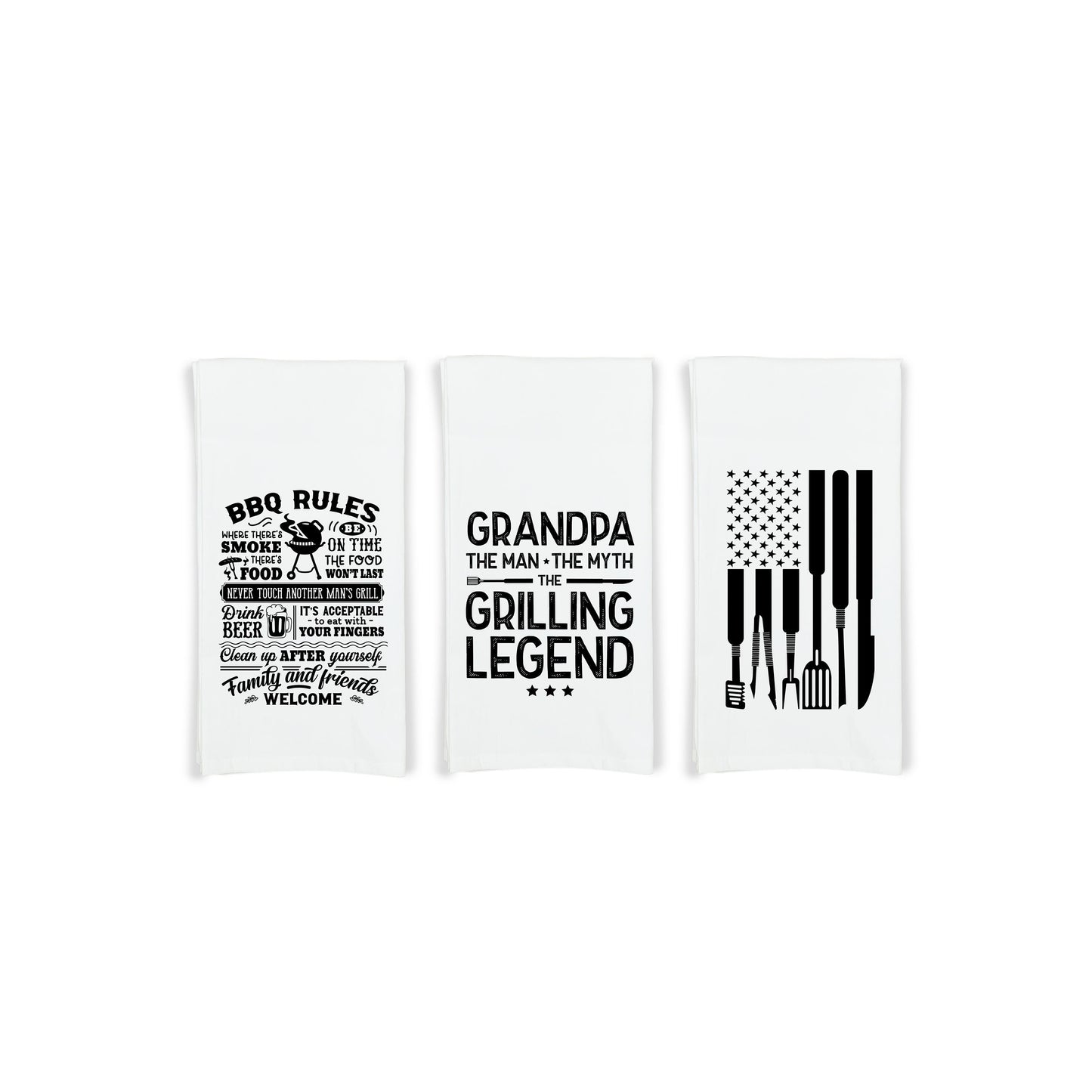 Grandpa the Man the Myth the Grilling Legend - BBQ Rules - Grill Tools Flag Gift Set of 3 Barbecue Themed Hand Towels for Grandfather