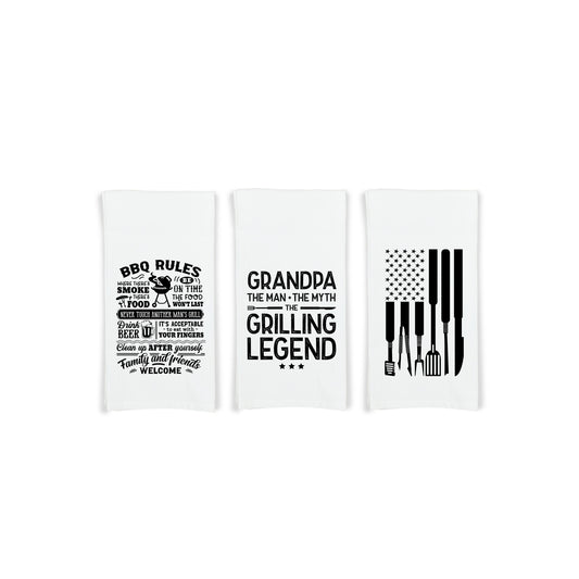 Grandpa the Man the Myth the Grilling Legend - BBQ Rules - Grill Tools Flag Gift Set of 3 Barbecue Themed Hand Towels for Grandfather