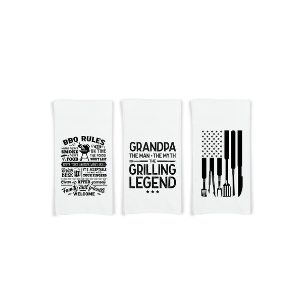 Grandpa the Man the Myth the Grilling Legend - BBQ Rules - Grill Tools Flag Gift Set of 3 Barbecue Themed Hand Towels for Grandfather