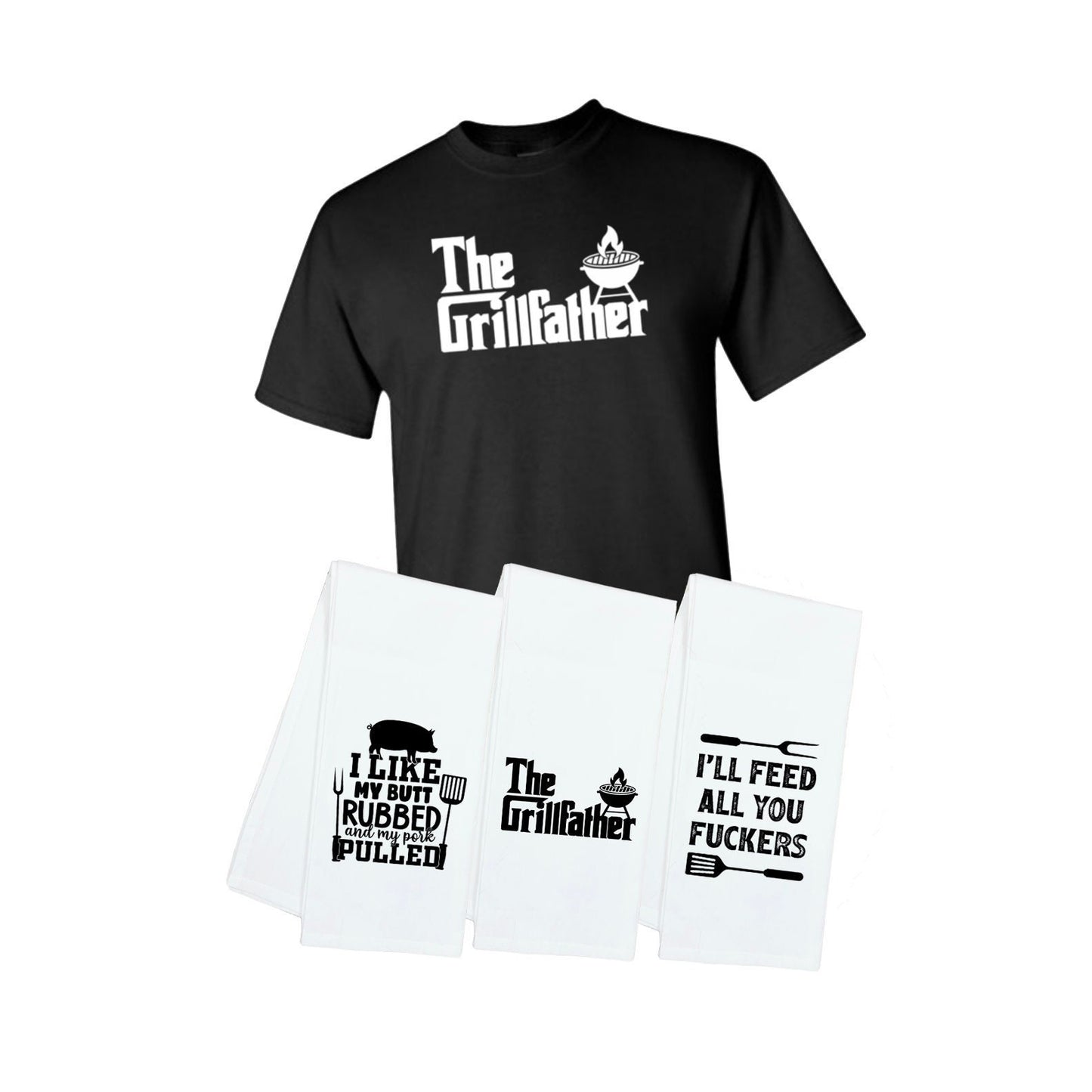 The Grillfather Shirt and Kitchen Towel Gift Set - T-shirt and 3 Towels - Funny Cool Father's Day Gift for Men Who Love to Grill BBQ Cook