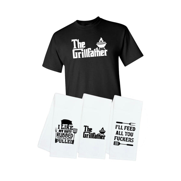 The Grillfather Shirt and Kitchen Towel Gift Set - T-shirt and 3 Towels - Funny Cool Father's Day Gift for Men Who Love to Grill BBQ Cook
