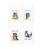 Bernese Mountain Dog Set of 4 Seasonal Flour Sack Hand Towels - Hello Spring Summer Fall Winter Birthday Christmas Gift Idea for Women Men