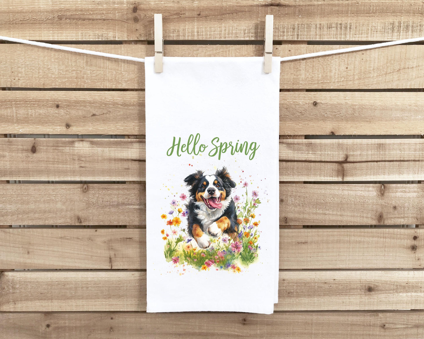 Bernese Mountain Dog Set of 4 Seasonal Flour Sack Hand Towels - Hello Spring Summer Fall Winter Birthday Christmas Gift Idea for Women Men