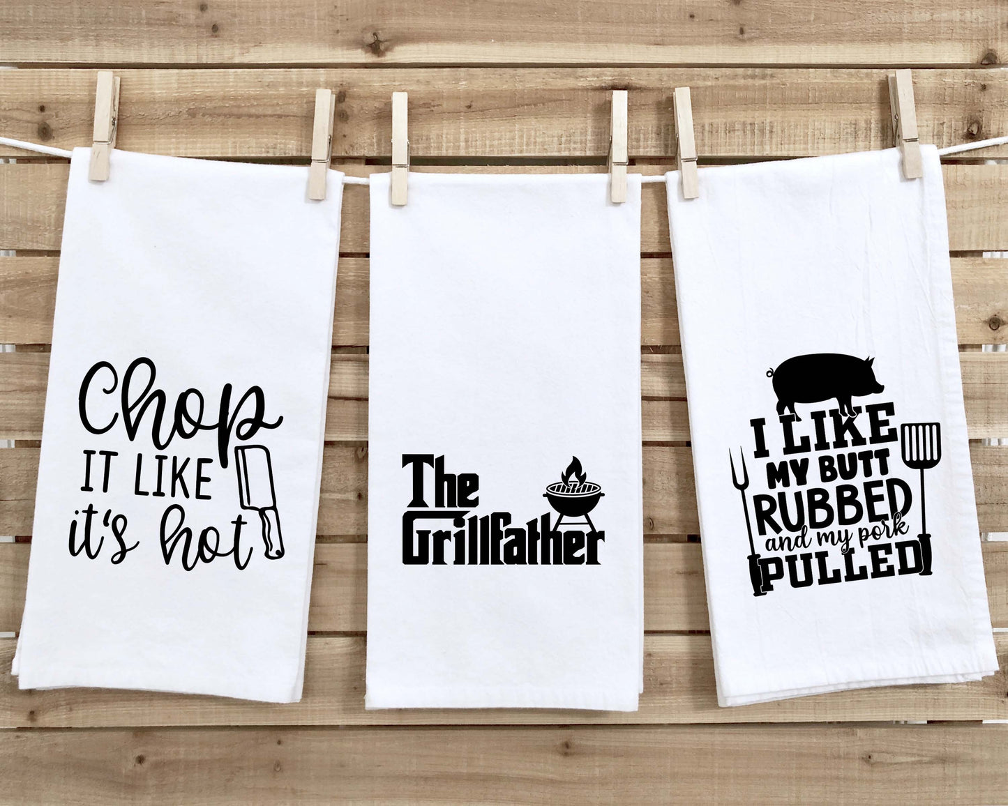 The Grillfather - I Like My Butt Rubbed and My Pork Pulled - Chop It Like It's Hot Gift Set of 3 Funny Kitchen Towels for Men Grilling BBQ