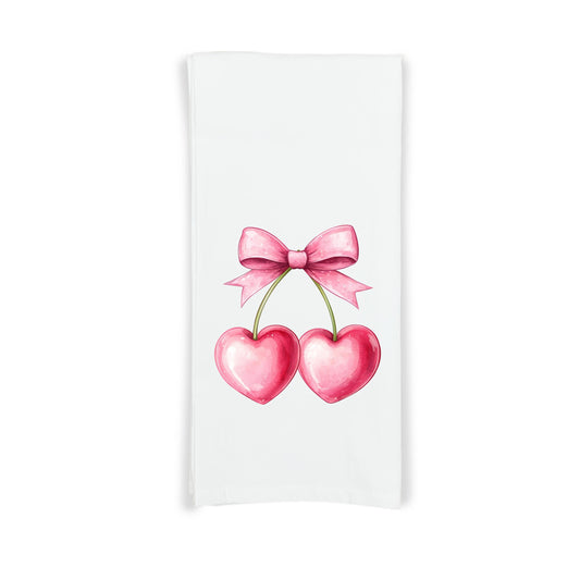 Coquette Cherries 100% Cotton Flour Sack Kitchen Towel Cute Trendy Girly Pink Preppy Aesthetic Cherry Decor Birthday Christmas Gift Idea