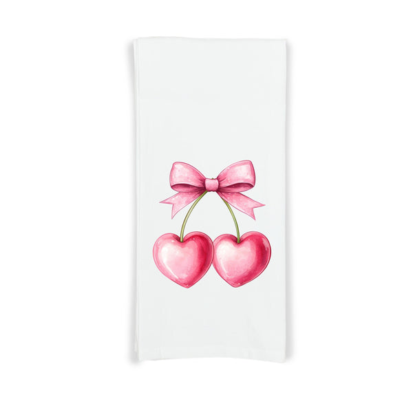 Coquette Cherries 100% Cotton Flour Sack Kitchen Towel Cute Trendy Girly Pink Preppy Aesthetic Cherry Decor Birthday Christmas Gift Idea
