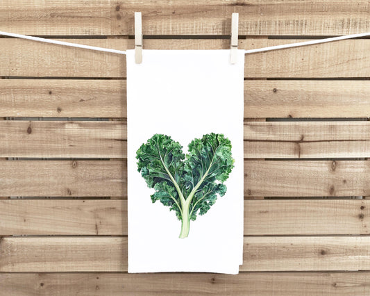 Heart Shaped Kale 100% Cotton Flour Sack Kitchen Towel, Birthday Mother's Day Christmas Valentine's Day Gift Idea for Vegetable Lover