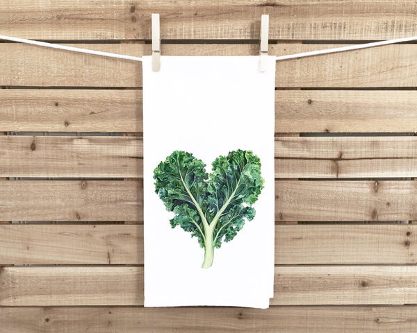 Heart Shaped Kale 100% Cotton Flour Sack Kitchen Towel, Birthday Mother's Day Christmas Valentine's Day Gift Idea for Vegetable Lover