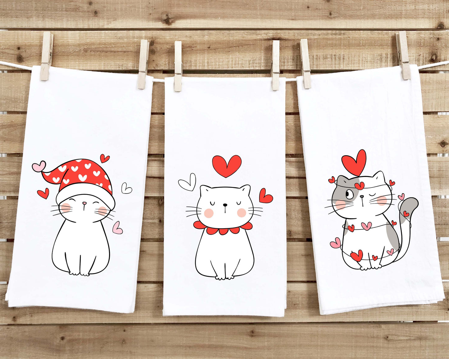 Set of 3 Cat Valentine Flour Sack Kitchen Towels Funny Cute Red White Dog Lover Heart Hand Tea Dish Towel Valentine's Day Birthday Gift Idea