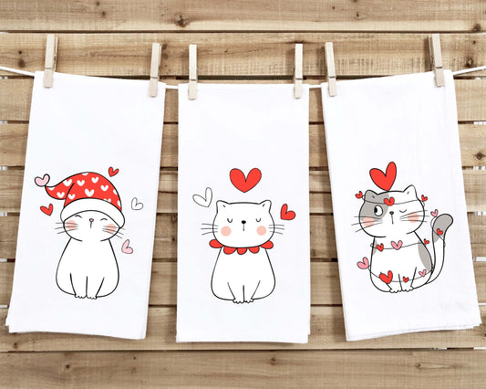 Set of 3 Cat Valentine Flour Sack Kitchen Towels Funny Cute Red White Dog Lover Heart Hand Tea Dish Towel Valentine's Day Birthday Gift Idea