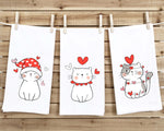 Set of 3 Cat Valentine Flour Sack Kitchen Towels Funny Cute Red White Dog Lover Heart Hand Tea Dish Towel Valentine's Day Birthday Gift Idea