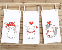 Set of 3 Cat Valentine Flour Sack Kitchen Towels Funny Cute Red White Dog Lover Heart Hand Tea Dish Towel Valentine's Day Birthday Gift Idea