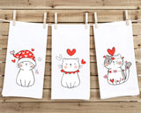Set of 3 Cat Valentine Flour Sack Kitchen Towels Funny Cute Red White Dog Lover Heart Hand Tea Dish Towel Valentine's Day Birthday Gift Idea