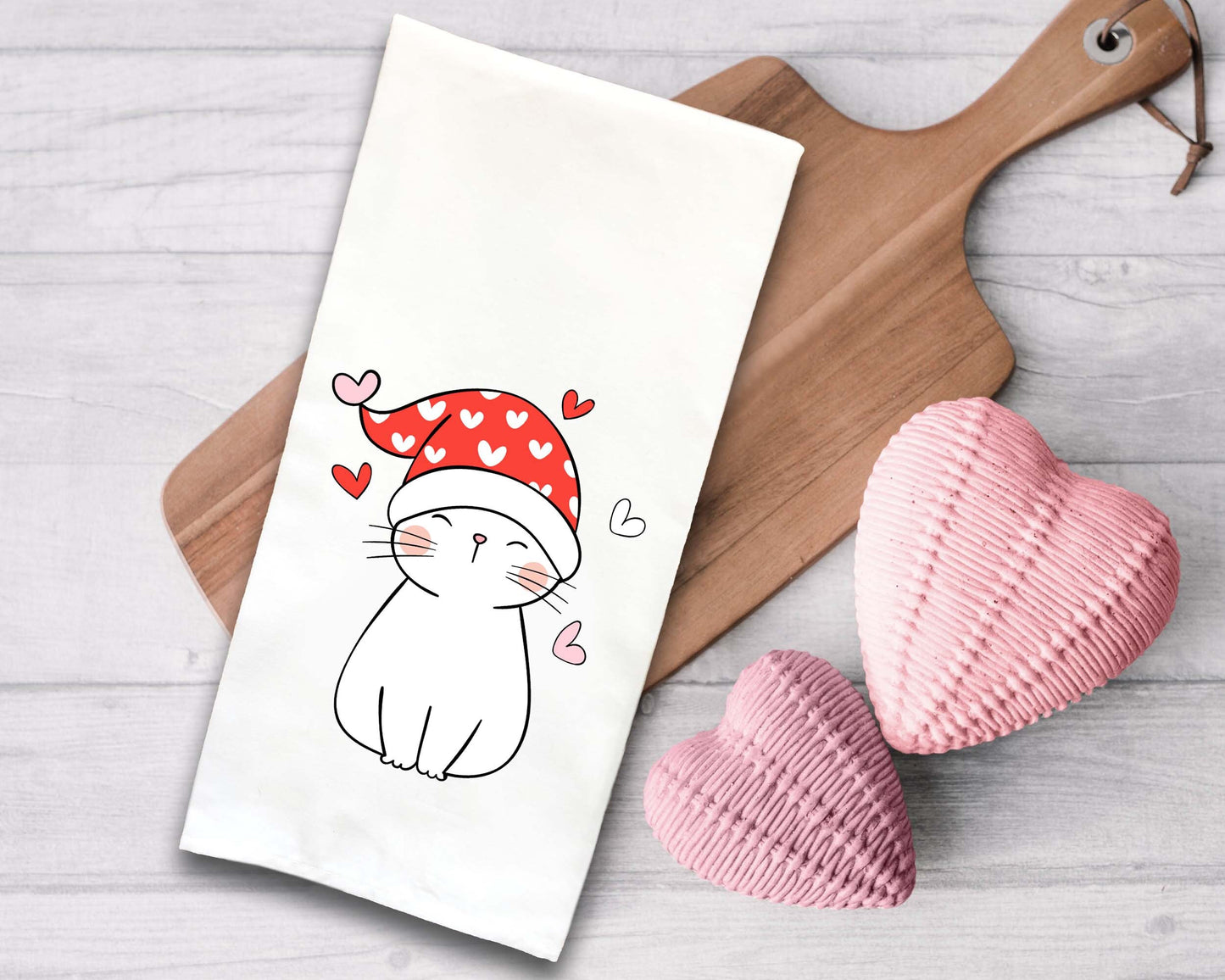 Set of 3 Cat Valentine Flour Sack Kitchen Towels Funny Cute Red White Dog Lover Heart Hand Tea Dish Towel Valentine's Day Birthday Gift Idea