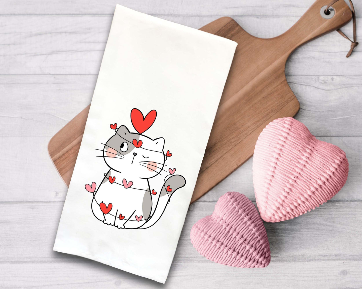 Set of 3 Cat Valentine Flour Sack Kitchen Towels Funny Cute Red White Dog Lover Heart Hand Tea Dish Towel Valentine's Day Birthday Gift Idea