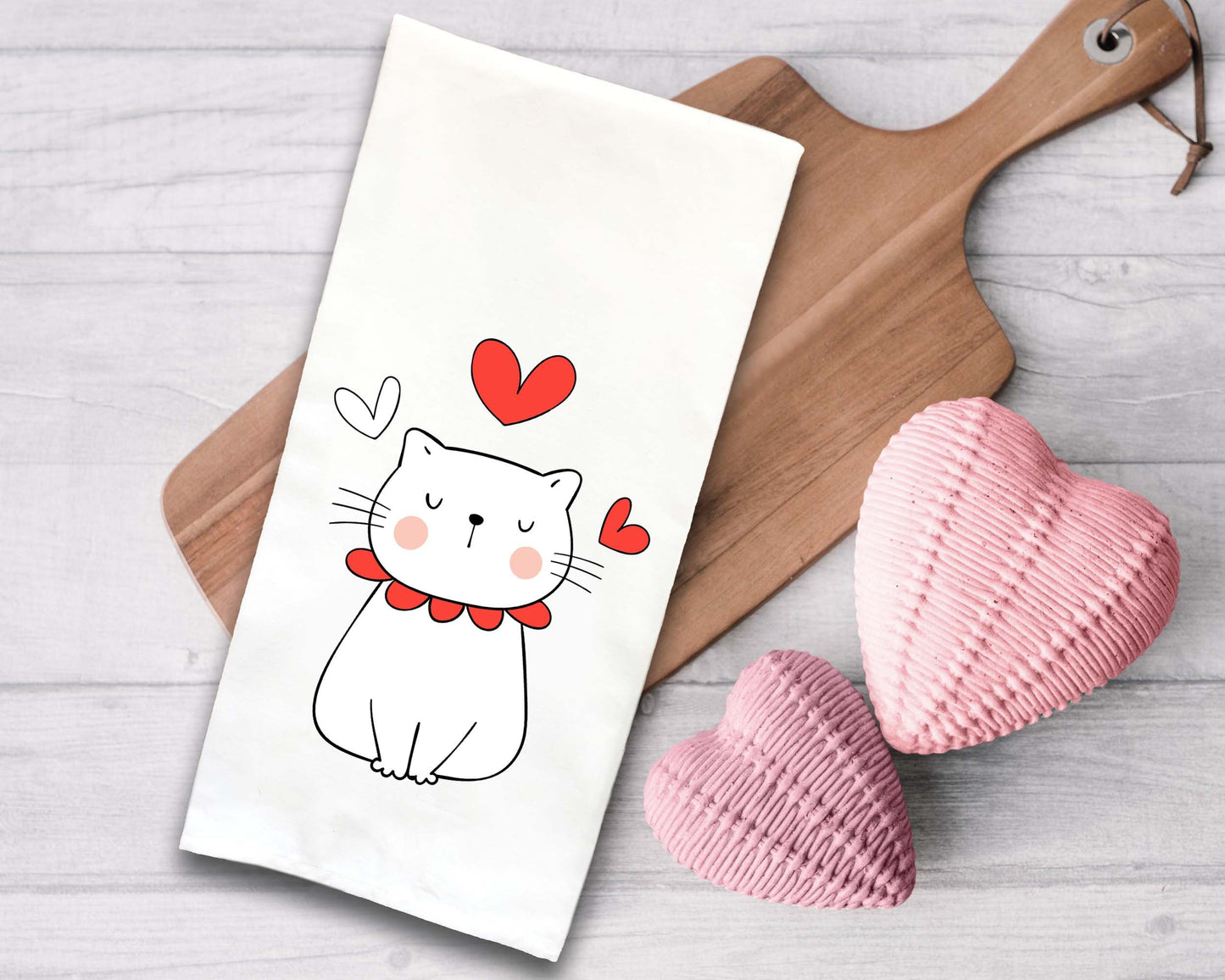 Set of 3 Cat Valentine Flour Sack Kitchen Towels Funny Cute Red White Dog Lover Heart Hand Tea Dish Towel Valentine's Day Birthday Gift Idea