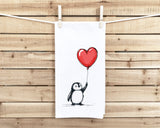 Penguin with Heart Balloon Flour Sack Kitchen Towel Housewarming Birthday Christmas Valentine's Mother's Day Gift Idea