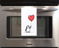 Penguin with Heart Balloon Flour Sack Kitchen Towel Housewarming Birthday Christmas Valentine's Mother's Day Gift Idea