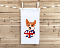 Corgi Holding a Union Jack Heart Flour Sack Kitchen Towel with Hanging Loop Funny Cute British Flag Dog Dish Cloth Housewarming Hostess Gift