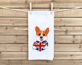 Corgi Holding a Union Jack Heart Flour Sack Kitchen Towel with Hanging Loop Funny Cute British Flag Dog Dish Cloth Housewarming Hostess Gift