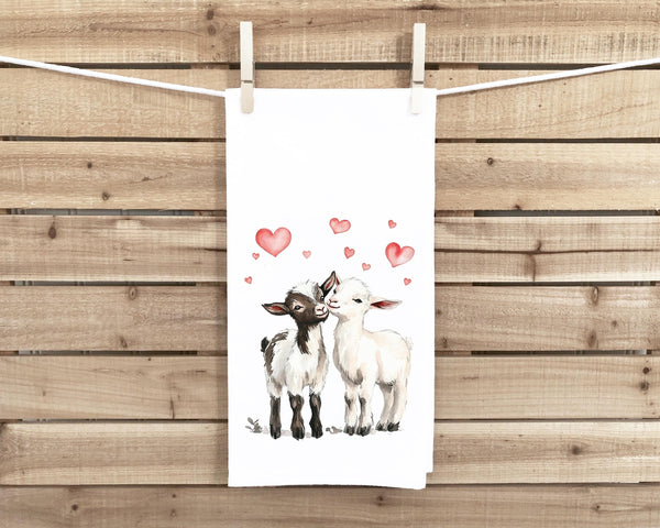Goat Couple Tea Towel, 27x27 Cotton Flour Sack Hand Towel, Valentine's Day Birthday Mother's Day Christmas Gift Idea for Goat Lovers