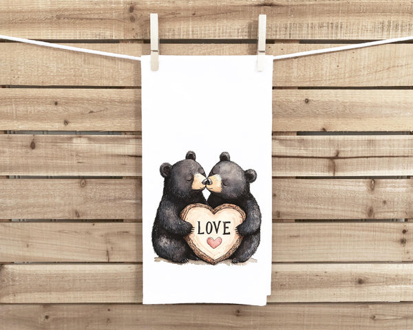Two Bears Holding a Love Sign Flour Sack Tea Towel Valentine's Day Birthday Mother's Day Christmas Gift Idea for Bear Lovers