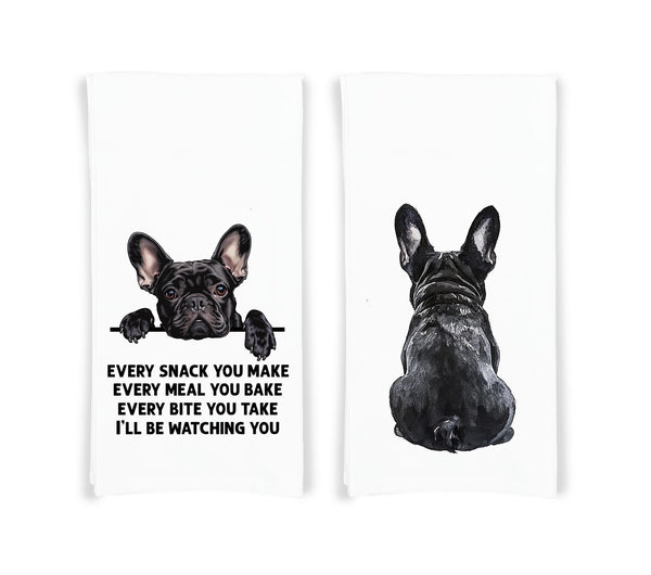 Black French Bulldog Set of 2 Flour Sack Kitchen Towels Funny Frenchie Dog Birthday Christmas Housewarming Gift Idea for Women Men