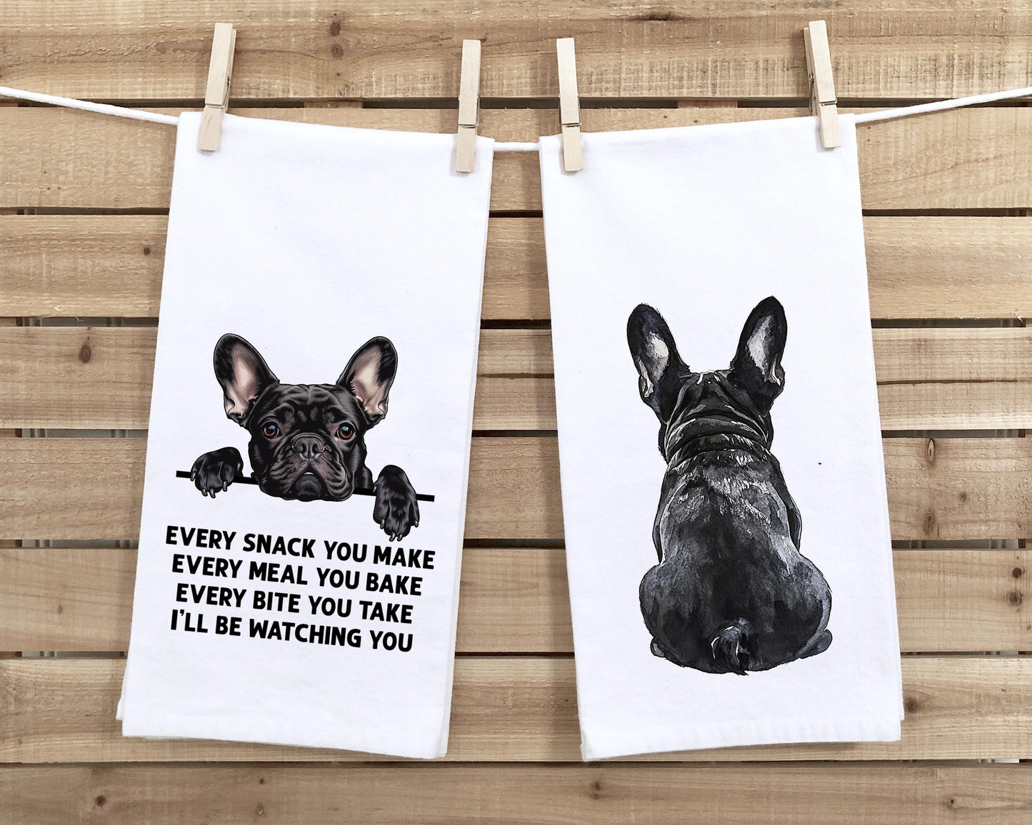 Black French Bulldog Set of 2 Flour Sack Kitchen Towels Funny Frenchie Dog Birthday Christmas Housewarming Gift Idea for Women Men