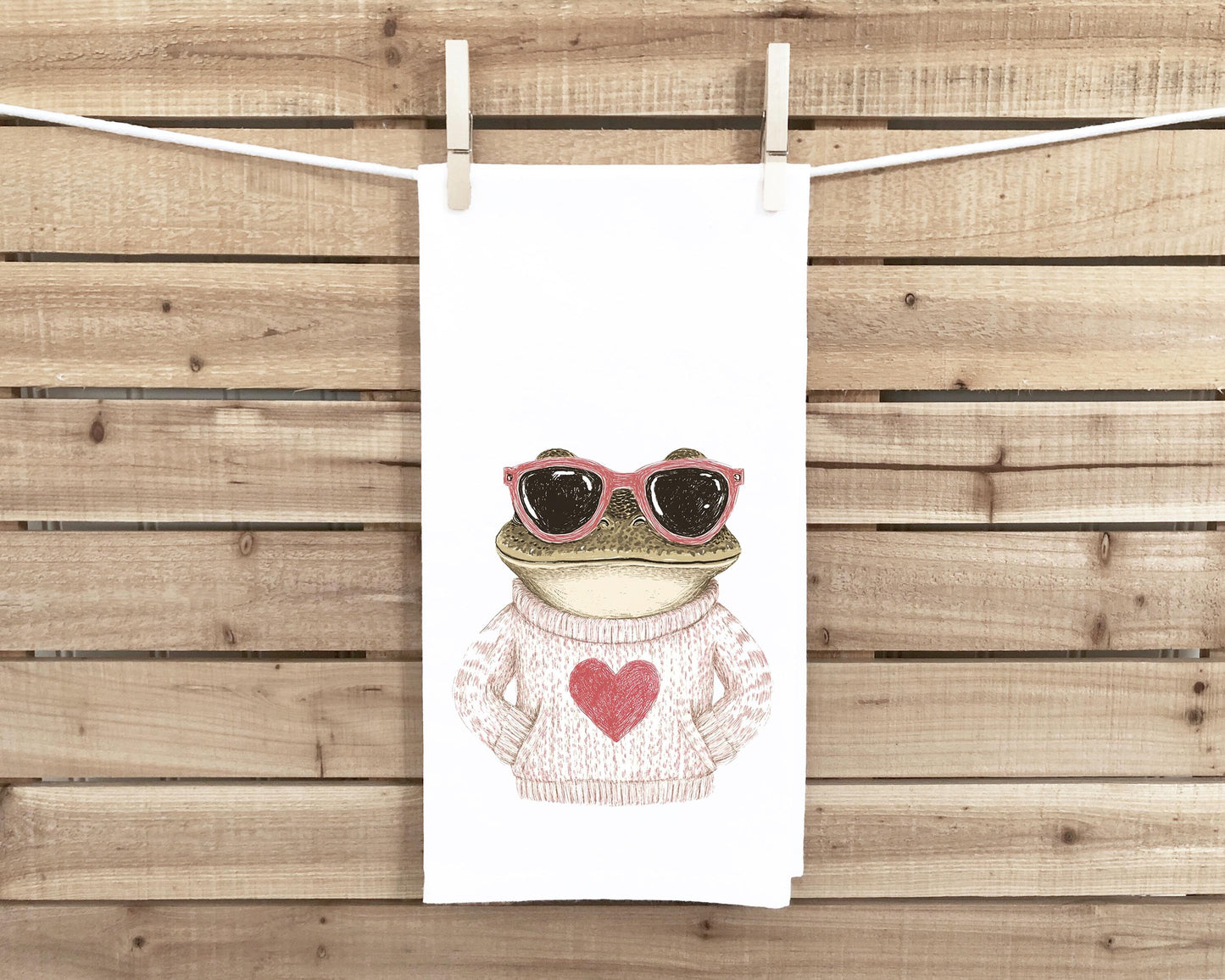 Frog Wearing Sunglasses and Sweater with Heart Flour Sack Tea Towel Valentine's Day Birthday Mother's Day Christmas Gift Idea for Frog Lover