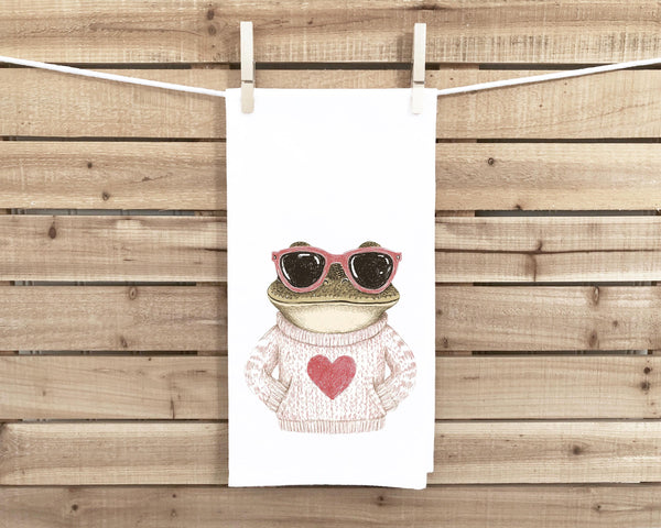 Frog Wearing Sunglasses and Sweater with Heart Flour Sack Tea Towel Valentine's Day Birthday Mother's Day Christmas Gift Idea for Frog Lover