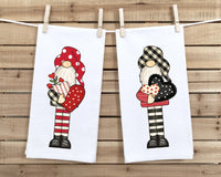 Set of 2 Valentine's Day Gnome Tea Towels Cute Red Black Flour Sack Dish Valentines Bathroom or Kitchen Decor Decorative Hand Towel