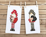 Set of 2 Valentine's Day Gnome Tea Towels Cute Red Black Flour Sack Dish Valentines Bathroom or Kitchen Decor Decorative Hand Towel