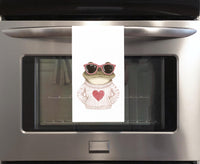 Frog Wearing Sunglasses and Sweater with Heart Flour Sack Tea Towel Valentine's Day Birthday Mother's Day Christmas Gift Idea for Frog Lover