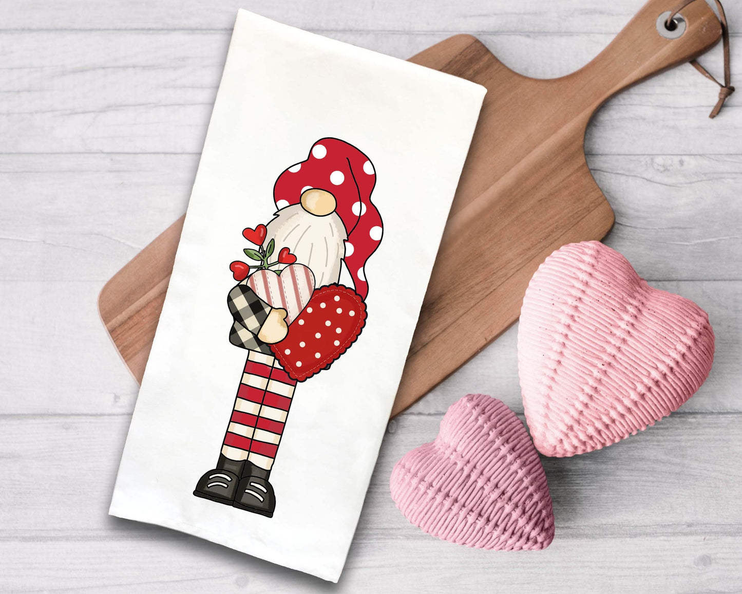 Set of 2 Valentine's Day Gnome Tea Towels Cute Red Black Flour Sack Dish Valentines Bathroom or Kitchen Decor Decorative Hand Towel