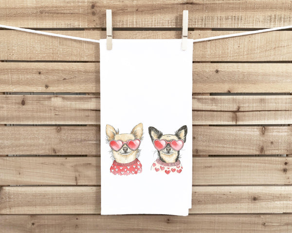 Chihuahuas Wearing Heart Shaped Sunglasses Flour Sack Tea Towel Valentine's Day Birthday Mother's Day Christmas Gift for Chihuahua Dog Lover