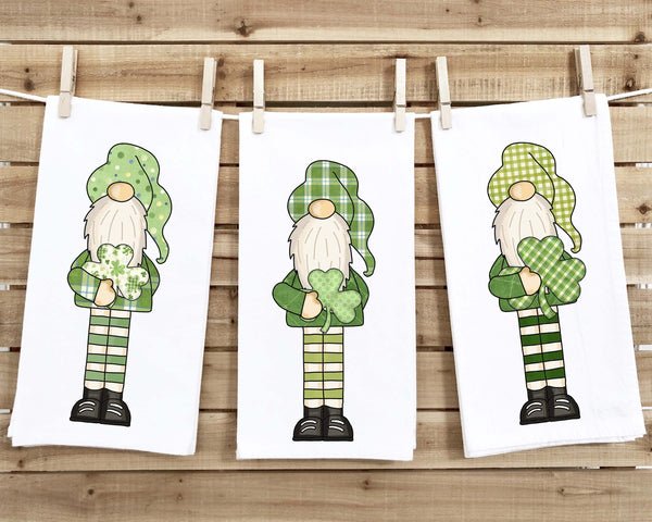 Set of 3 St. Patrick's Day Gnome Tea Towels Cute Flour Sack Dish Saint Patricks Bathroom or Kitchen Decor Decorative Hand Towel