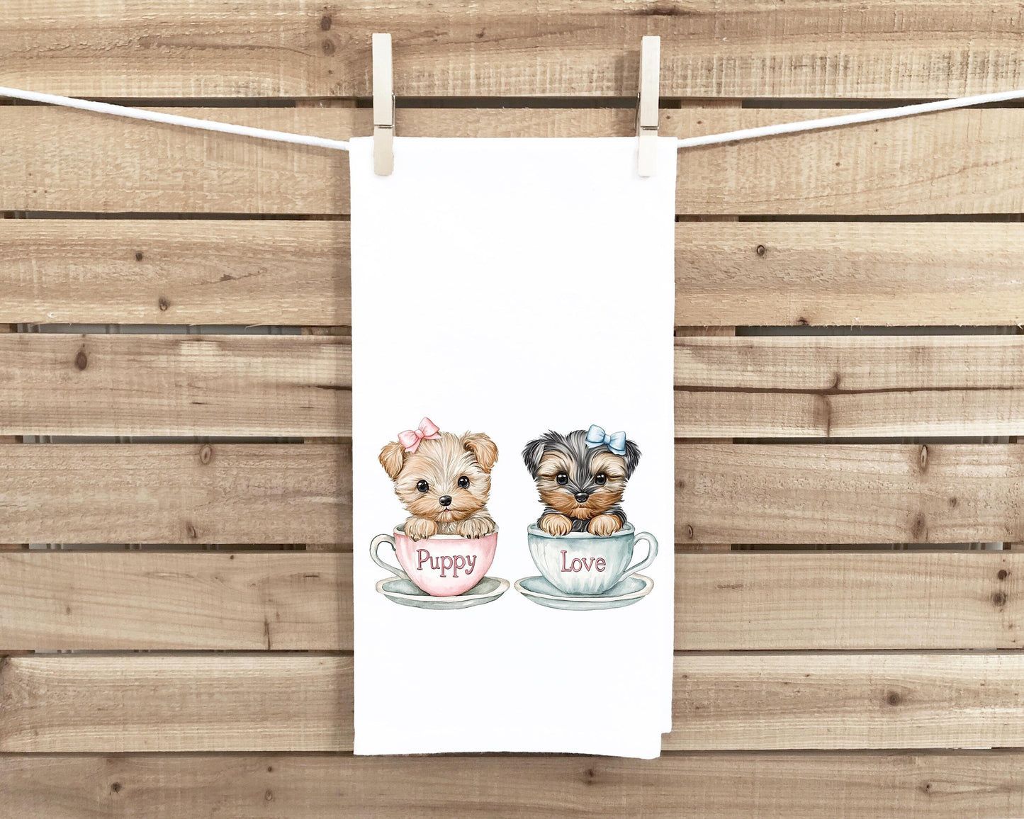 Yorkie Teacup Puppy Love Flour Sack Tea Towel, Valentine's Day Birthday Mother's Day Christmas Gift Idea for Yorkshire Terrier Lover