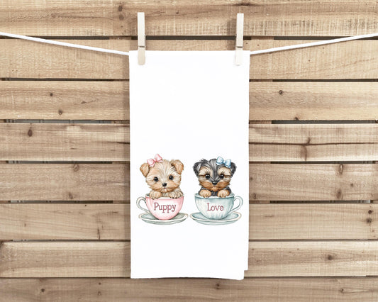 Yorkie Teacup Puppy Love Flour Sack Tea Towel, Valentine's Day Birthday Mother's Day Christmas Gift Idea for Yorkshire Terrier Lover