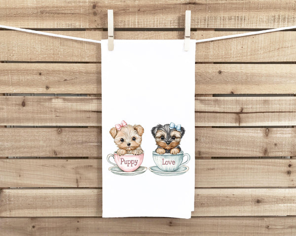 Yorkie Teacup Puppy Love Flour Sack Tea Towel, Valentine's Day Birthday Mother's Day Christmas Gift Idea for Yorkshire Terrier Lover