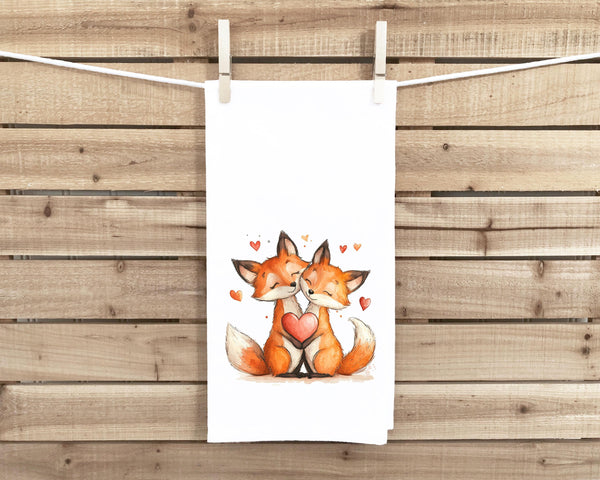 Fox Couple Tea Towel, 27x27 Flour Sack Hand Towel, Valentine's Day Birthday Mother's Day Christmas Gift Idea for Fox Lovers