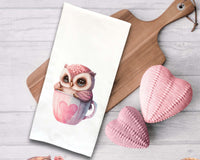 Chibi Owl in a Cup Valentine Tea Towel Cute Pink Hand Flour Sack Dish Towel Valentine's Birthday Mothers Day Gift Idea