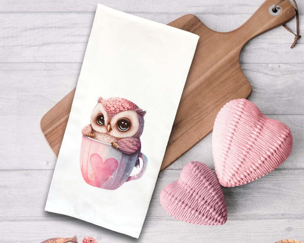 Chibi Owl in a Cup Valentine Tea Towel Cute Pink Hand Flour Sack Dish Towel Valentine's Birthday Mothers Day Gift Idea