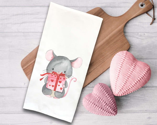 Mouse Holding A Present Tea Towel Cute Pink Gray Hand Flour Sack Dish Towels Valentine's Day Birthday Mother's Day Gift Idea for Women