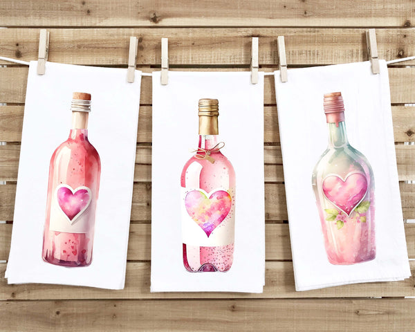 Set of 3 Valentine Wine Bottle Tea Towels Cute Watercolor Pastel Heart Hand Flour Sack Dish Towel Valentine's Birthday Mother's Day Gift