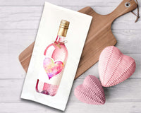 Set of 3 Valentine Wine Bottle Tea Towels Cute Watercolor Pastel Heart Hand Flour Sack Dish Towel Valentine's Birthday Mother's Day Gift